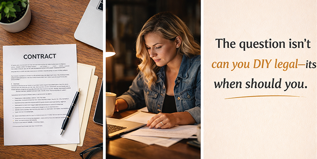 A contract, a woman reviewing documents at a desk, and a quote: "The question isn't can you DIY legal—it's when should you.