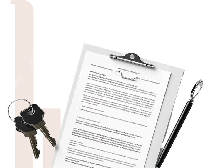Clipboard with a printed document, a black pen, and a keyring with three keys placed on a white surface.